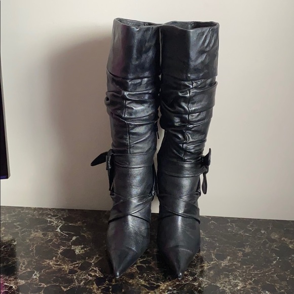 Black Leather Boots with skinny Metal Heel Size 37 - Picture 1 of 10